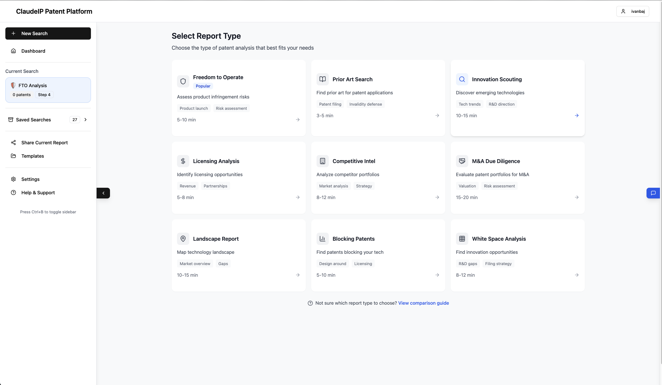 Report types selection showing FTO, Prior Art, Innovation Scouting and more