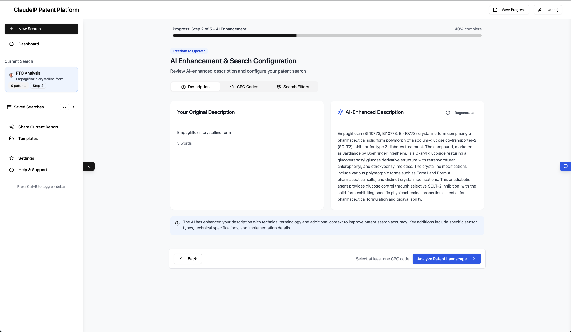 AI Enhancement and Search Configuration showing CPC codes and search filters
