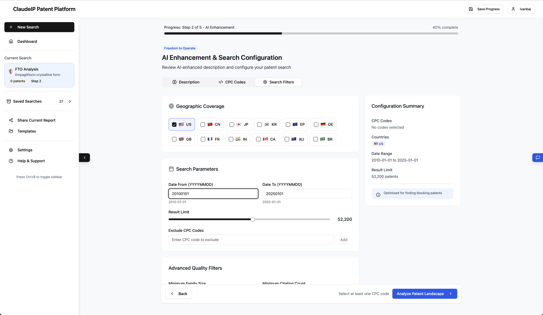 Search configuration with geographic coverage and parameters