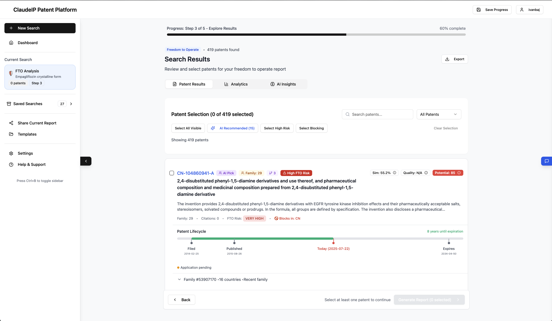 Search results showing patent selection and AI insights