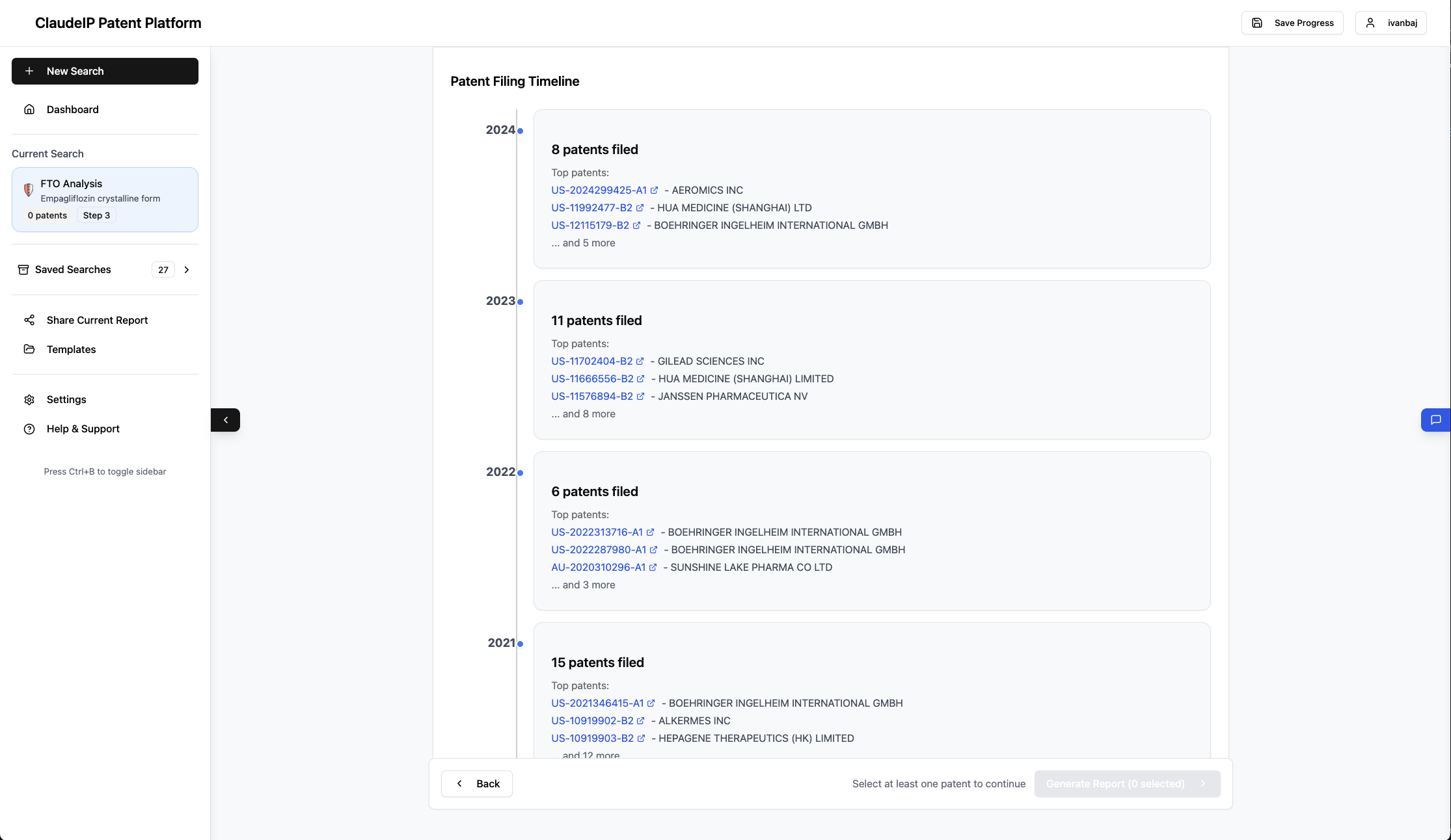 Patent filing timeline showing technology trends